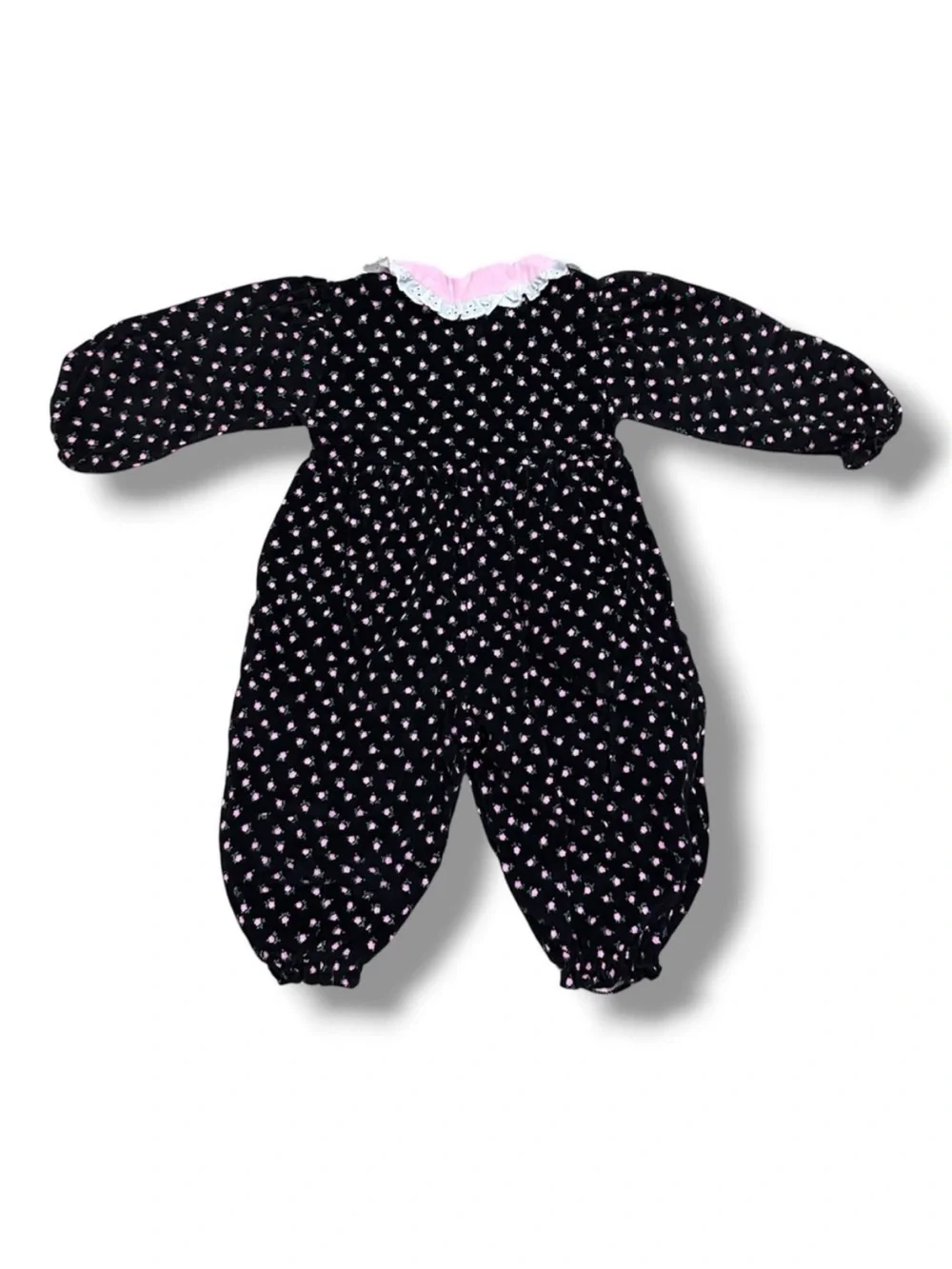 Vintage Tiny Tots Black & Pink Floral Corduroy Jumpsuit Baby Girl Size 18 Months